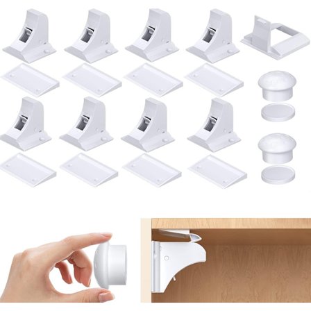 Børnesikring Skabe - 8 Børnelåse + 2 Nøgler - Skabsbeskyttelse til Børn - Magnetisk Børnelås