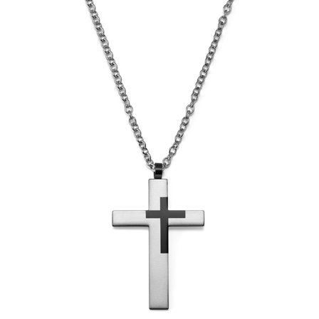 Collier à large pendentif en acier en forme de croix noir et argent pour hommes - Chaînes en acier