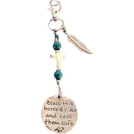 Sadel- og hodelagscharm-klips, sadel- og hodelagscharm, lærreim med klips, Må Gud velsigne denne hesten og rytteren, og beskytte dem. Fjær
