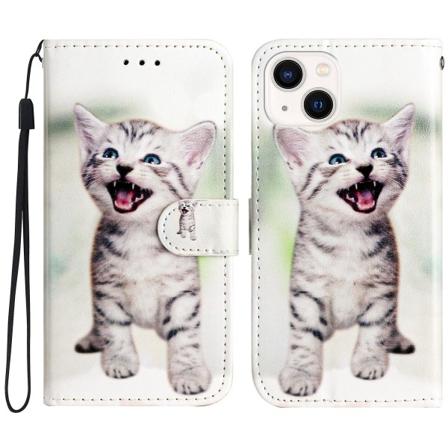För Iphone 15 Plus Pu Läder Case Mönster Skrivbord Cover Cat