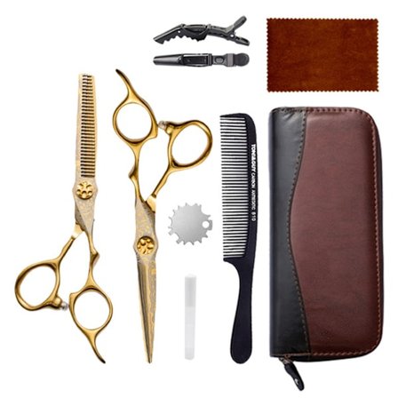 Professionelt 9CR13 rustfrit stål frisørsaksesæt med ergonomisk design og mønster - 8 dele barberkit Gold