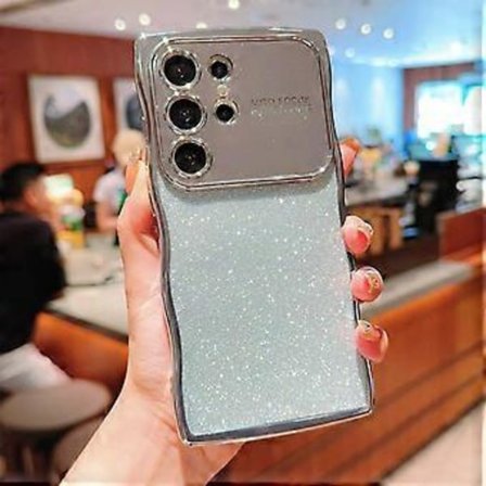 For Samsung Galaxy S25 Ultra Deksel Elektroplettert Krøllete Ramme TPU Glitter Telefondeksel Stort Vindu (Stil B)