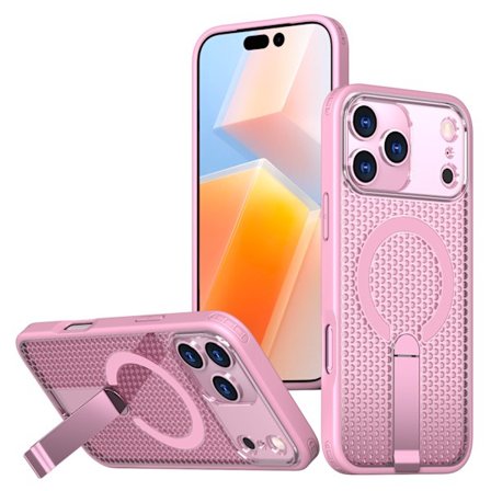 Kompatibel med iPhone 17 Pro kølende og åndbart telefoncover, magnetisk sugekop med beslag telefoncover, kreativt anti-drop telefoncover pink