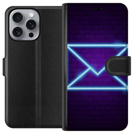 Yhteensopiva Lompakkokotelo Apple Apple iPhone 16 Pro Max Neonilta illuustraatio kirjekuoresta sinisessä valossa lila tiiliseinää vasten, nykyaikai