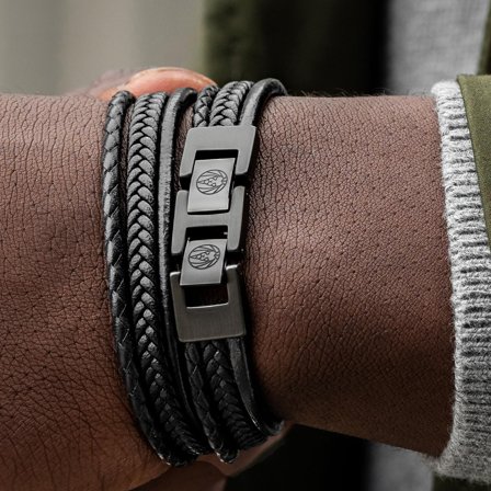Bracelet Roy en cuir noir sur noir pour hommes - Bracelets en cuir