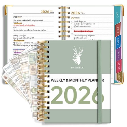 2026 Planlegger, Ukentlige og Månedlige Planer, A5 Størrelse, 12 Måneder Etikett Grønn