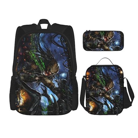 Alien vs Predator Mote Ryggsekk Dagstursekk for Fotturer Anime Veske Notatbokveske Penal Lunch Bag Kombinasjon