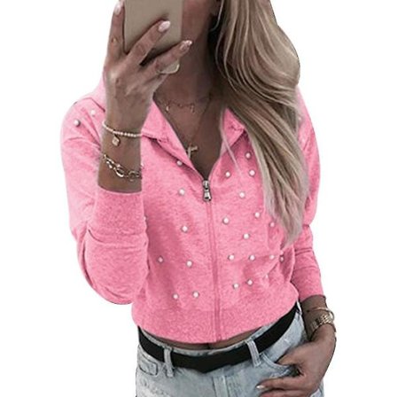 Kvinnor Hooded Jackor Pärlbroderade Dragkedjor Jackor Kvinnliga Långärmade Casual Toppar Nya