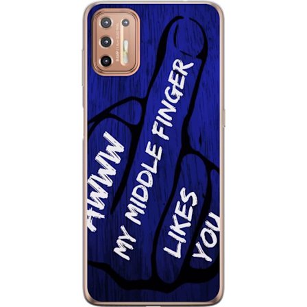 Kompatibelt Mobildeksel til Motorola Moto G9 Plus Mørk typografisk illustrasjon med hjerteform og budskap om vennskap mot dyp blå tretekstur