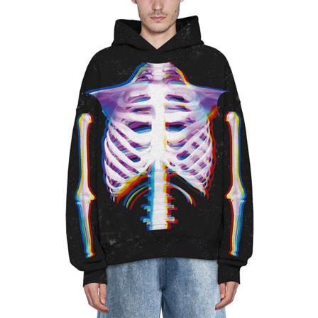 Damer Skull Print Pullover Color Block Hooded Tops