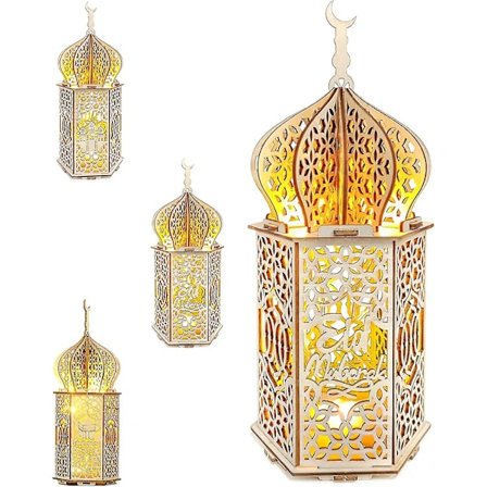 3 stk DIY Ramadan Trælamper Dekorationer, Mubarak Ramadan LED-lampe til Ramadan Dekorationer