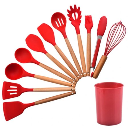 Komplet madlavningssæt, let rengørbare køkkenredskaber, ikke-korrosive og slidstærke værktøjer, 12 dele farverig silikone med træhåndtag, ridsefrit