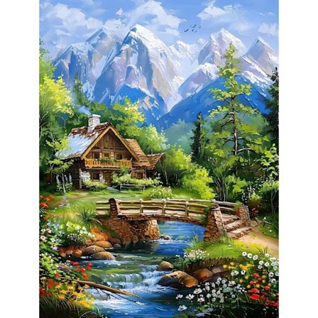 Maisema-timanttimaalaussarja aikuisille: Maalaismainen puumökki, niittykukkia, kimalteleva puro ja lumihuippuiset huiput - DIY täysi pyöreä pora 