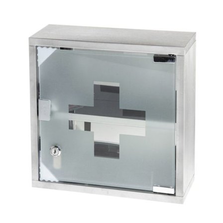 Aflåseligt medicinskab i matteret glas med rustfrit stål