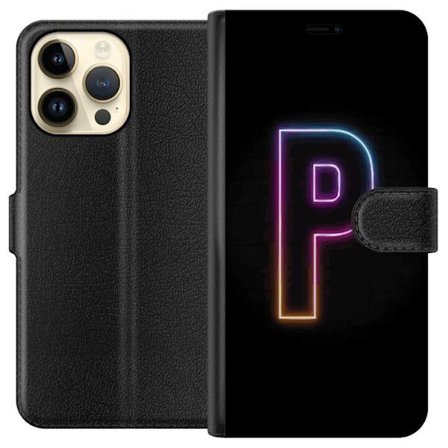 Yhteensopiva Lompakkokotelo Apple Apple iPhone 14 Pro Max Minimaalinen neonkirjain P värin asteittaisella muutoksella ja valotehosteella mustaa taust