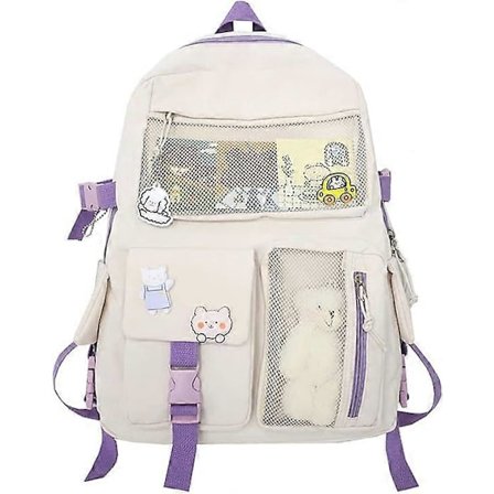 Söt Ryggsäck med Söta Nål-Tillbehör Plysch Hänge för Skolväska Student Tjej Ryggsäck Vit