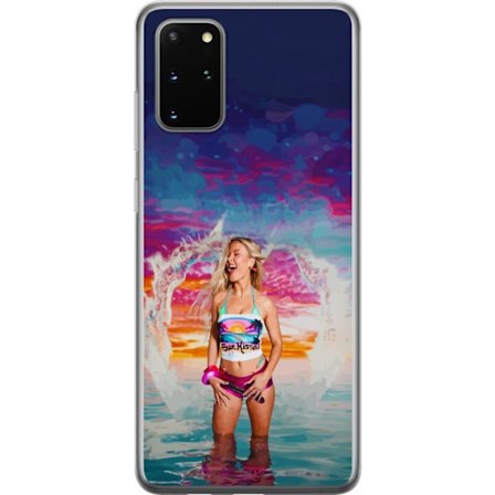 Kompatibel Mobilcover til Samsung Galaxy S20+ Blond kvinde i farverigt strandtøj, der leger i havet ved solnedgang