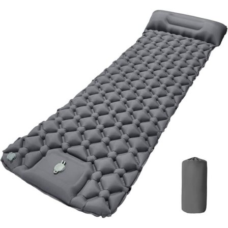 Selvoppustelig Liggeunderlag med Fodpumpe & Pude, Ultralet Vandtæt, 190x60 cm, grå
