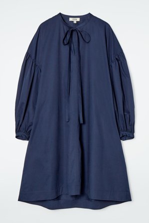 COS Damen Kleid Mit Raffung Und Bindedetails - Blau