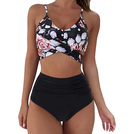 Dame Wrap Bikini Set Push Up Høy Midje Todelt Badedrakt Split Slangeskinn Trykk Badedrakt for Svømming Vannsport (rød og hvite blomster) M