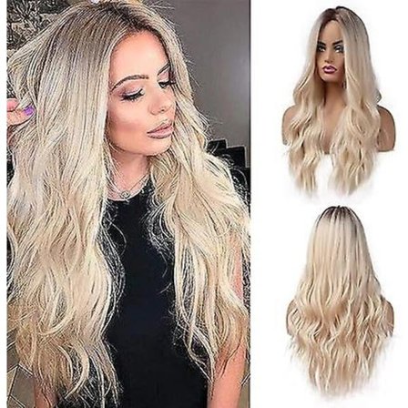 26 tommer lang blond parykk for kvinner syntetisk naturlig hår ombre blond parykk med mørke røtter syntetisk