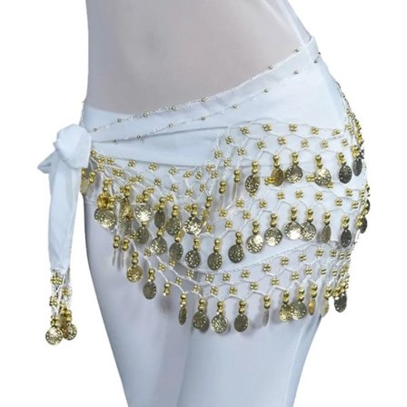 Go Go Gadget - Vit - 150 cm - Magdanssjal med Guldmynt - Höftsjal - Hög Kvalitet