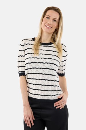 BRANDTEX - Kortærmet Strik - Creme / Sort - Hulmønster