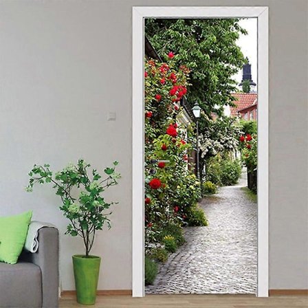 Dørklistermærker Landskab med røde blomster og grønne planter Lane 3D Aftagelig selvklæbende vinyl Vandtæt dør tapet til børneværelse Badeværelse 