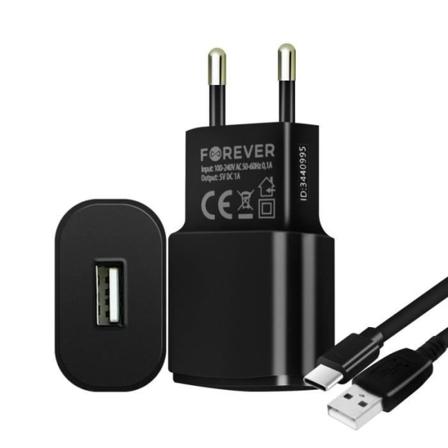 USB-netoplader 1A Sikker opladning USB Type C-kabel 1,2m Forever Black