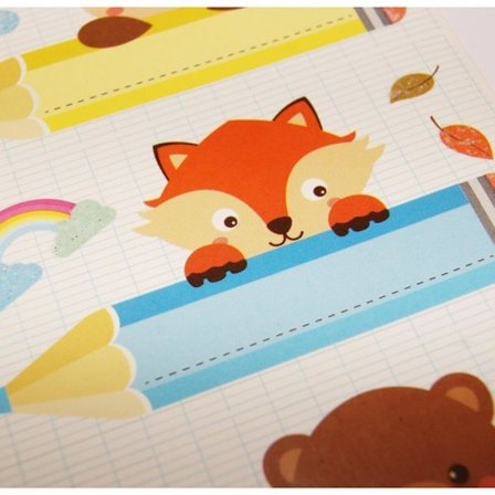 12 självhäftande etiketter - Rektangel - Djur på pennor - Glitter