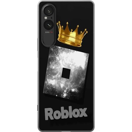Yhteensopiva Puhelinkuori Sony Sony Xperia 5 V Minimaalinen musta ja hopeanvärinen Roblox-symboli, jossa on kultainen kruunu ja ylellinen pelaajien e