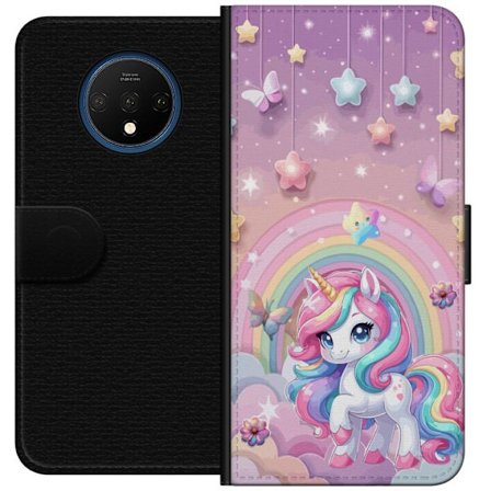 Kompatibel Tegnebogsetui til OnePlus 7T Magisk enhjørning med regnbue manke, stjerner og sommerfugle mod en pastelfarvet himmel med skyer