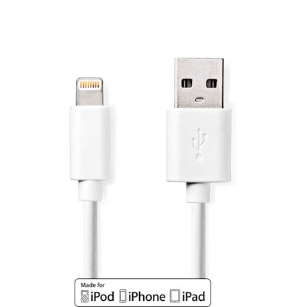 Lightning Kabel | USB 2.0 | Apple Lightning, 8-stifts | USB-A Hane | 480 Mbps | Nickelplaterad | 1.00 m | Rund | PVC | Vit | Låda