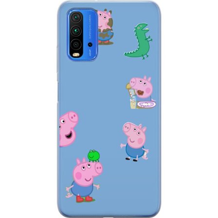 Yhteensopiva Puhelinkuori Xiaomi Redmi Note 9 4G Peppa Pig kasvomalli vaaleansinisellä pohjalla, toistuva leikkisä lasten motiivi Greeta Possulla