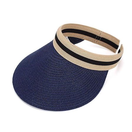 Kvindesolhat med bred skygge i strå til strand og golf, marineblå