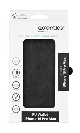 Essentials iPhone 16 Pro Max PU wallet, recycled, 3 cards, black