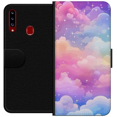 Kompatibelt Lommeboketui til Samsung Galaxy A20s Søt enhjørning med regnbuefarget hår mot en stjernebelagt pastellbakgrunn i kawaii-stil