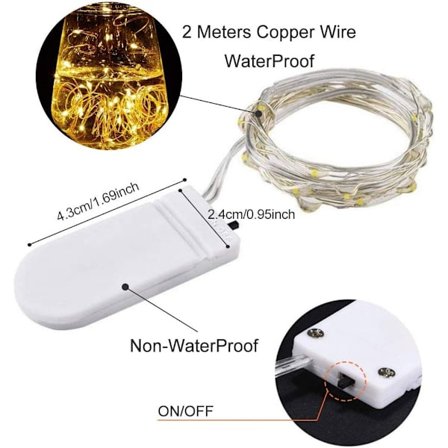 15 x 20 LED'er Varmt Hvidt Lysstreng, Dioxide 2M Lysbånd Korklamper til DIY Hjemmedekoration Bryllup Fest