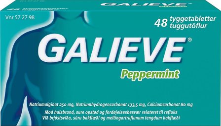 Galieve Peppermint 250 mg/133,5 mg/80 mg, tyggetabletter 48 tabl., Medicin & Pleje, Håndkøbsmedicin, Halsbrand & Mavesyre