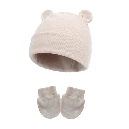 Sött Babymössa och Vantar Set Mössa med Öron Nyfödd Sjukhusmössa Anti-Rep Vantar för 0-6 Månader Pojkar och Flickor