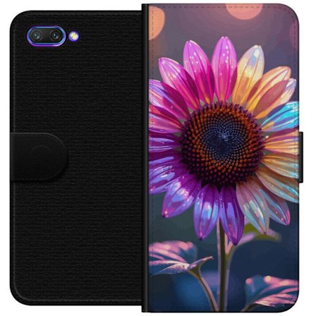 Kompatibelt Lommeboketui til Honor 10 Irideserende blomst med glitrende kronblad i rosa lilla og gull mot myk bokeh bakgrunn