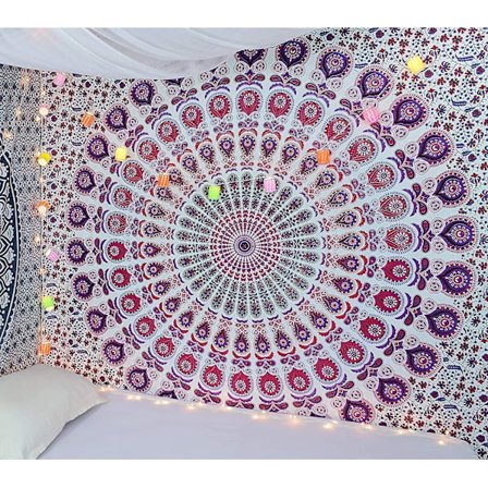 Wekity Hippie Bohemian Psykedelisk Gyllen Blå Påfugl Mandala Veggteppe Sengeteppe (Rosa Blå, Størrelse: 70.9" x 90.6")