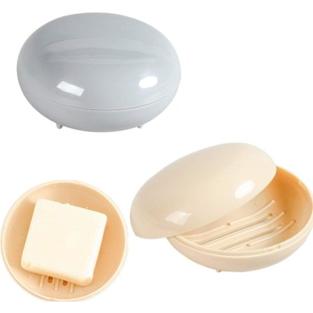 Sæt med 2 sæbeskåle med låg – transportable sæbeetuier – til badeværelse, brusebad, hjem og rejse – rund form, abrikos- og grå farver.