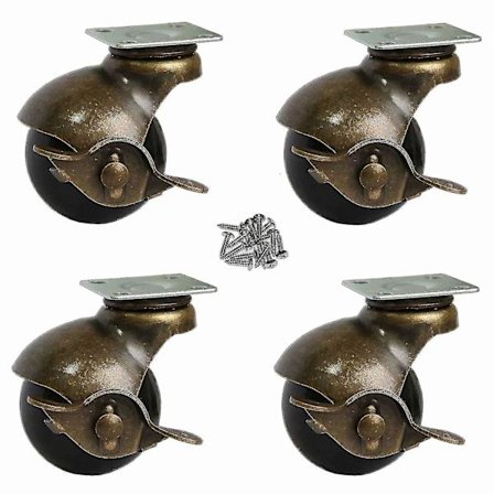 4 stk. antikke møbelhjul, 2 tommers kuleplatehjul med brems, vintage svingbare kulehjul med toppmonteringsplate for sofa C