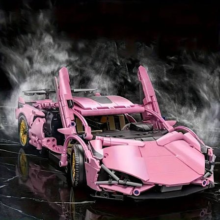 1238-delers Limited Edition Superbilmodell - Rosa og Hvit Fargekombinasjon, DIY Mekanisk Montering, Høykvalitets ABS-plast