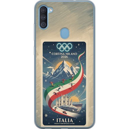 Kompatibelt Mobildeksel til Samsung Galaxy A11 Skiskytterillustrasjon med skiløper som sikter med gevær på en snødekt løype, teksten Milano Cortina 20