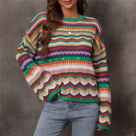 Kvinners Y2K Heklet Crop Top Gjennomsiktig Hullet Genser Genser Genser Lang Erme Strikket Fargeblokk Casual Streetwear,1PC-XL
