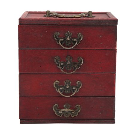 Vintage smykkeskrin i tre med 4 skuffer, stor kapasitet, retro smykkeskrin for hjem, kafé og vindusutstilling