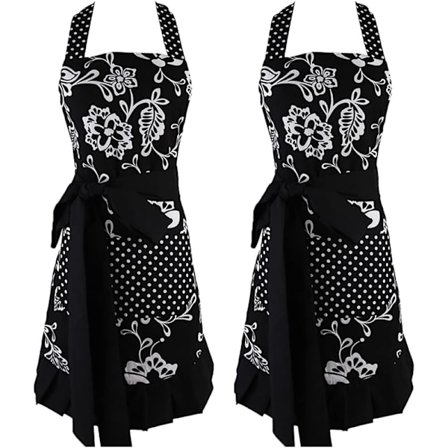Vintage forklæde med flæser og blomster til kvinder med 2 lommer, justerbar ekstra lang strop, 100 % økologisk bomuld