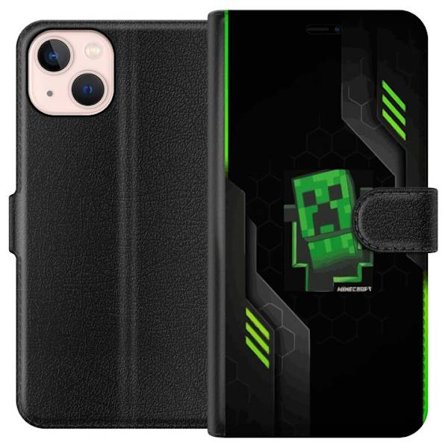 Yhteensopiva Lompakkokotelo Apple Apple iPhone 13 mini Vihreä pikselipohjainen peli-esitys, jossa on futuristisia neon-elementtejä ja tumma tech-tau